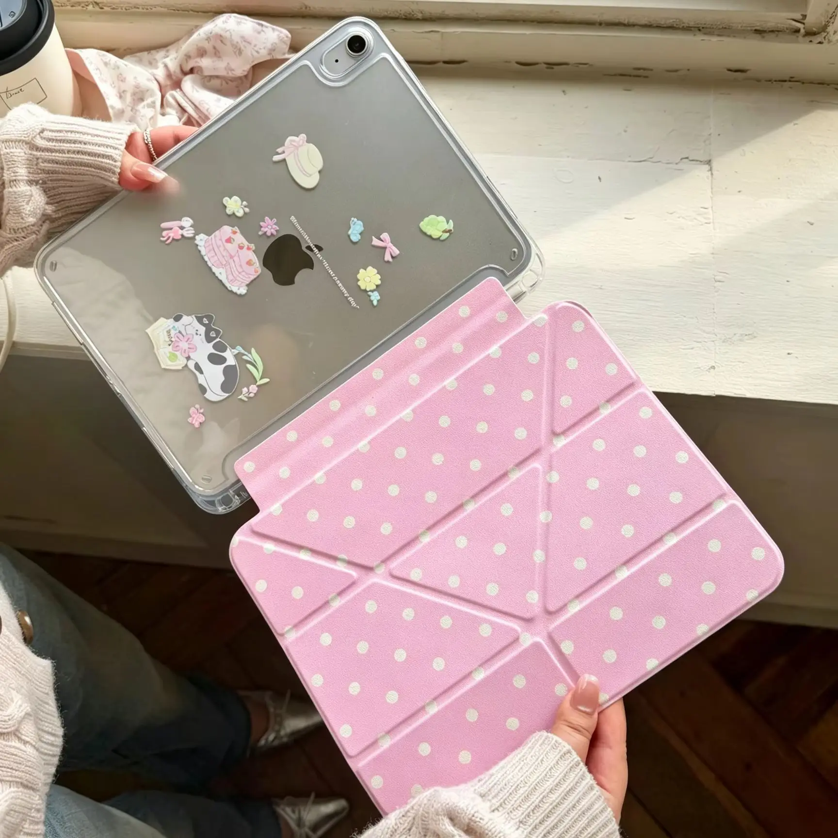 Ins Korean Wave Dot Kitten Y2K Tablet Case For iPad Pro 13in 11th M5 M4 12.9in A16 7/8/9/10th Air4/5/6/7 11in M2 M3 Mini Cover
