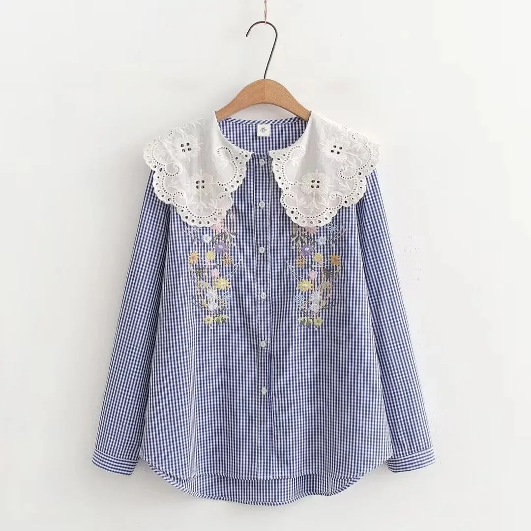 Novo 2025 inverno algodão camisa de manga longa, feminino peter pan colarinho xadrez, mori menina francês casual solto bordado blusa t5d522cc