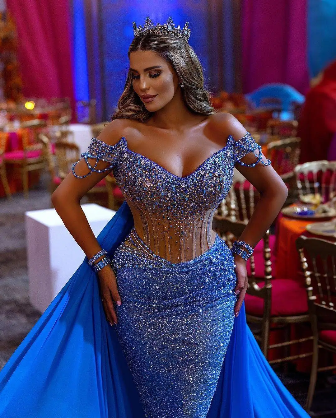 Luxe pailletten zeemeermin galajurken off-shoulder mouwloze overrok avondjurken kralen kristal feest op maat