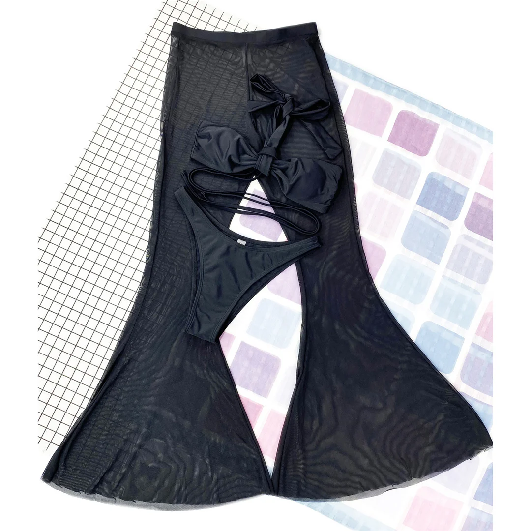 Umlege-Bikini mit Neckholder, Damen-Badeanzug, dreiteiliges Bikini-Set mit Strandhose, Badebekleidung, Badeanzug, Modell V3350 – Detail 13