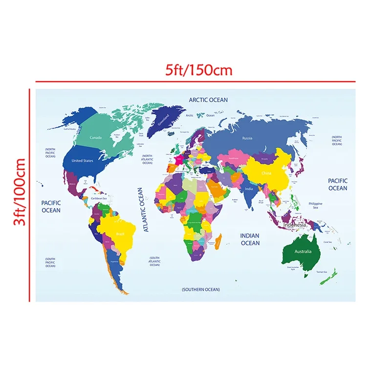 Mapa não tecido colorido da placa do país do mapa do mundo 150x100cm para o cartaz da decoração da parede da educação do escritório e da escola