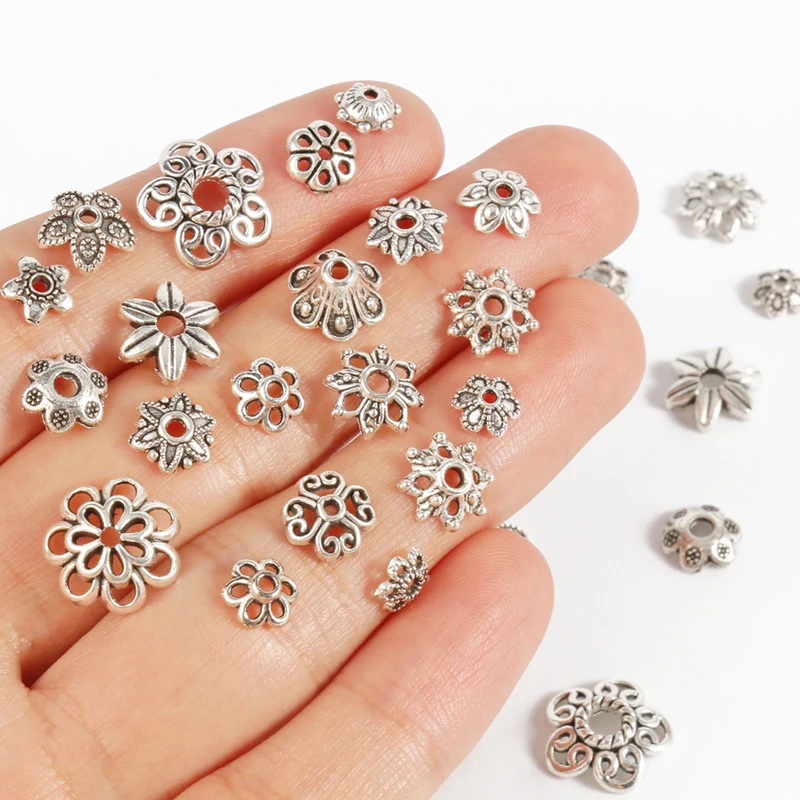 Antique silver color Charms Hollow Open Filigree Flower End Beads Cap Jewelry Making For Needlework Diy Handicrafts Accessories