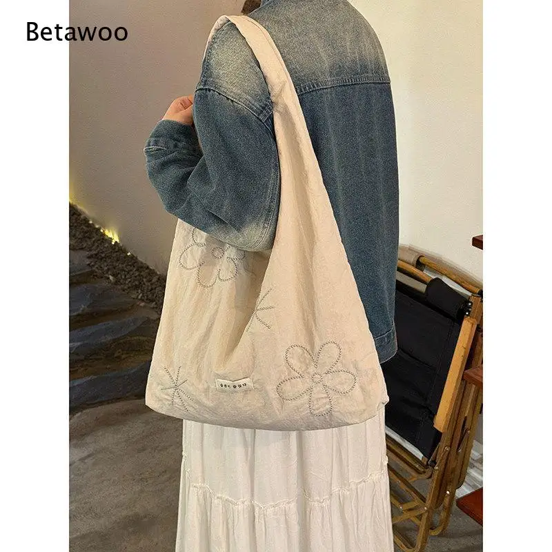 Floral Embroidery Canvas Tote Bag Solid Neutral Tone Soft Thick Fabric Large Capacity Student Commute Women Shoulder Purse