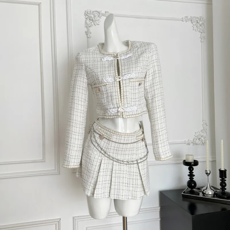 

High Quality Fashion Vintage Small Fragrance Tweed Two Piece Set Women Short Jacket Coat + Mini Skirts Sets Sweet 2 Piece Suits