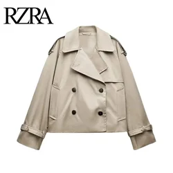 RZRA2024-Chaqueta corta con solapa de doble botonadura para mujer, abrigo holgado de manga larga, cortavientos original, novedad de otoño e invierno