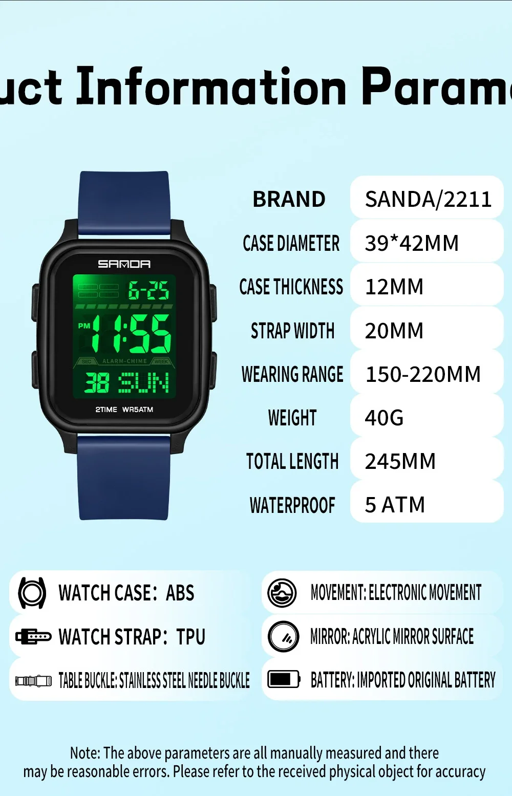 ساعة SANDA الجديدة 2211 للرجال عصرية مضيئة ومقاومة للماء ومتعددة الوظائف رياضية بقرص كبير إلكتروني