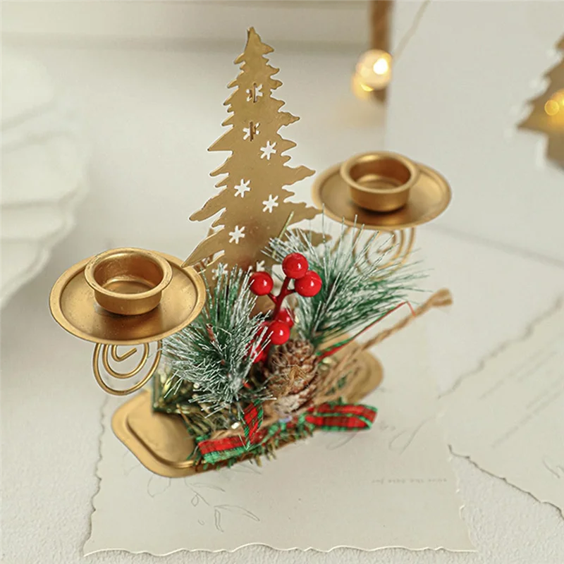 ABBN-2PCS Gold Christmas Tree Pillar Candle Holder With Berry & Pine Nut Candle Holder For Holiday Desktop Decor Metal Decor