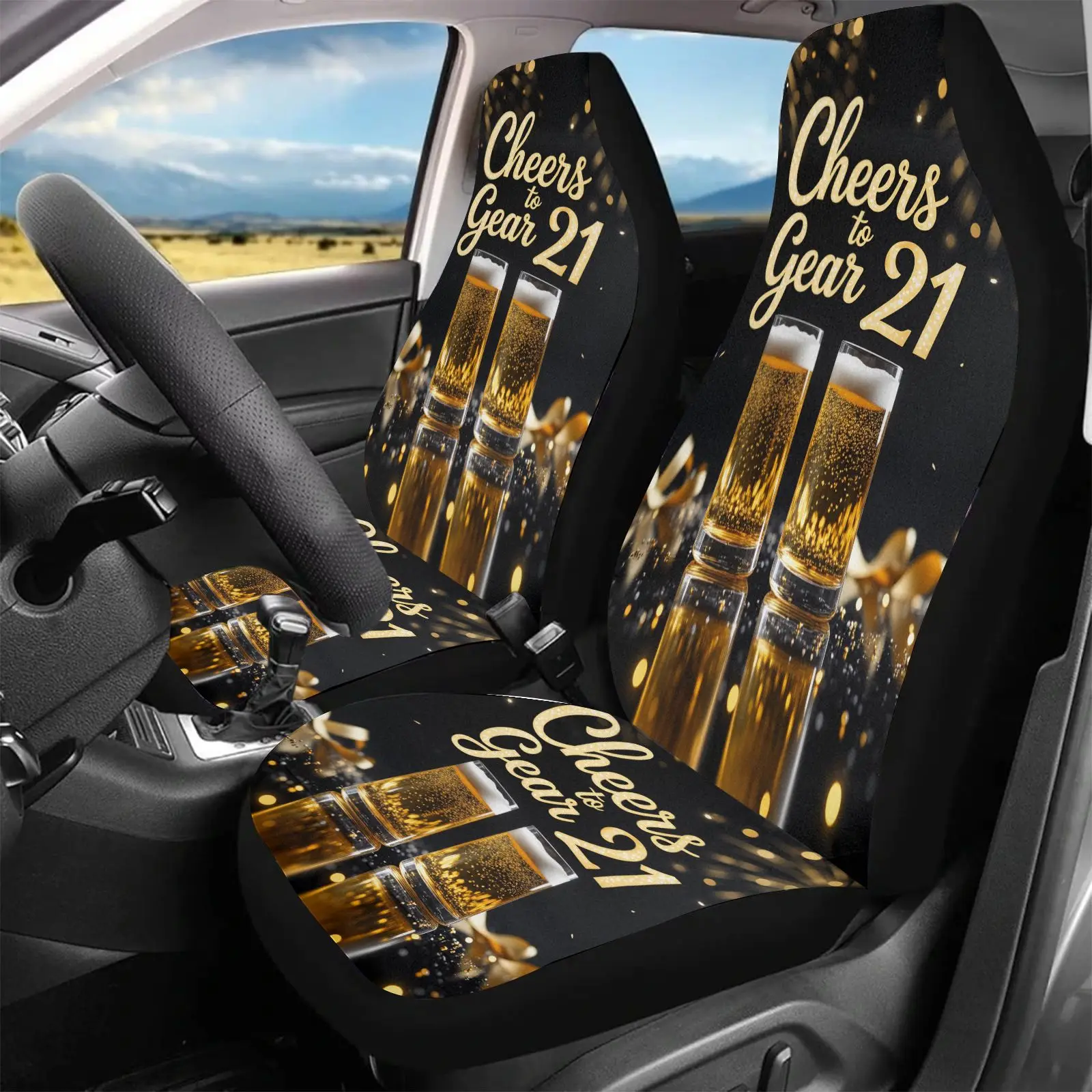 Car Seat Covers Black Cheers To Gear 21 Beer Glasses Golden Sparkles Design | Non- Polyester Fabric, Universal Fit For Car Inter