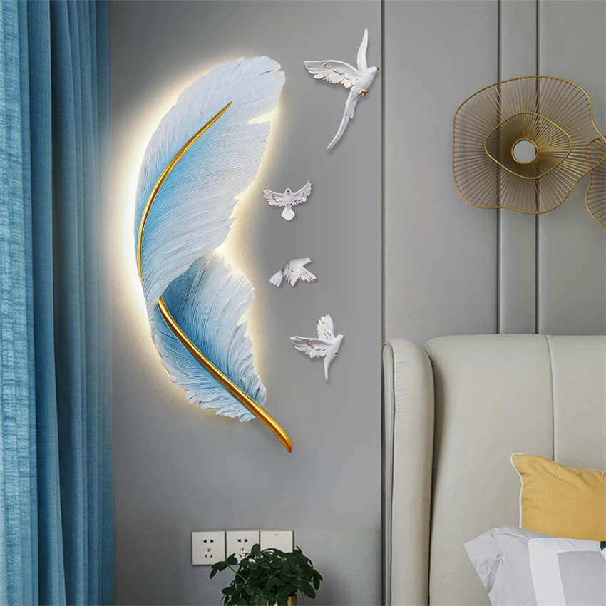 Blue resin feather wall lamps bedroom bedside lamp luxury living room bird decorative LED dimming wall sconces lights fixture