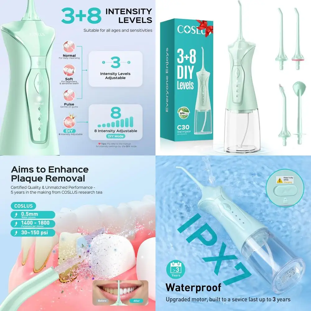 

Портативный беспроводной ирригатор для полости рта с 4 режимами, резервуаром на 300 мл, водонепроницаемостью IPX7, идеально подходит для дома и путешествий, зеленый цвет