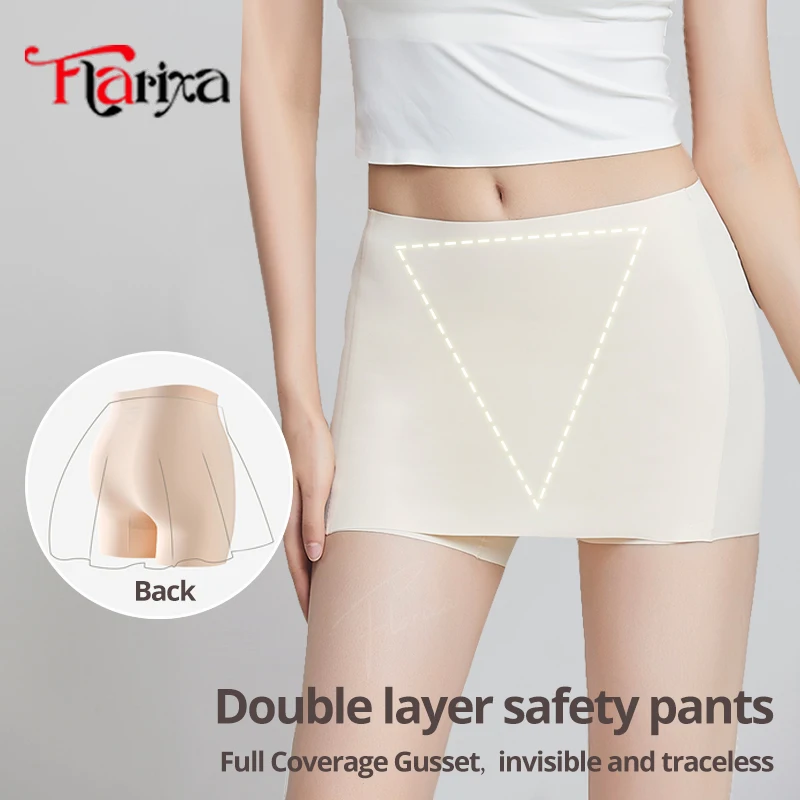 Flarixa Ice Silk Safety Shorts Women Double Layer Protective Panties No Rolling Anti Chafing Underwear Breathable For Dress
