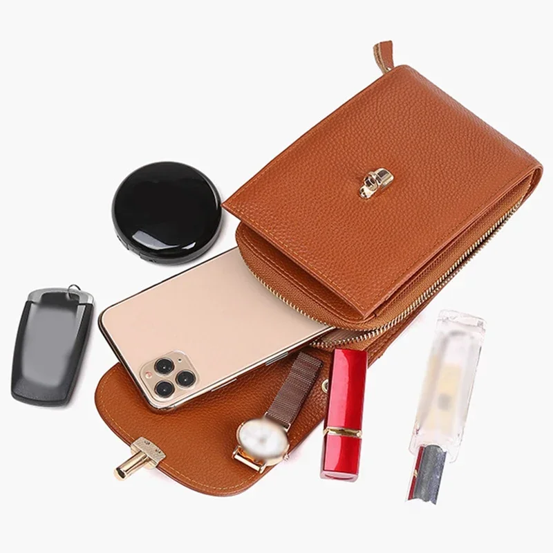 Genuine Leather Phone Bag Solid Color Flip Round Lock Bag Women\'s Crossbody Bag with Long Shoulder Strap and Credit Card Slot