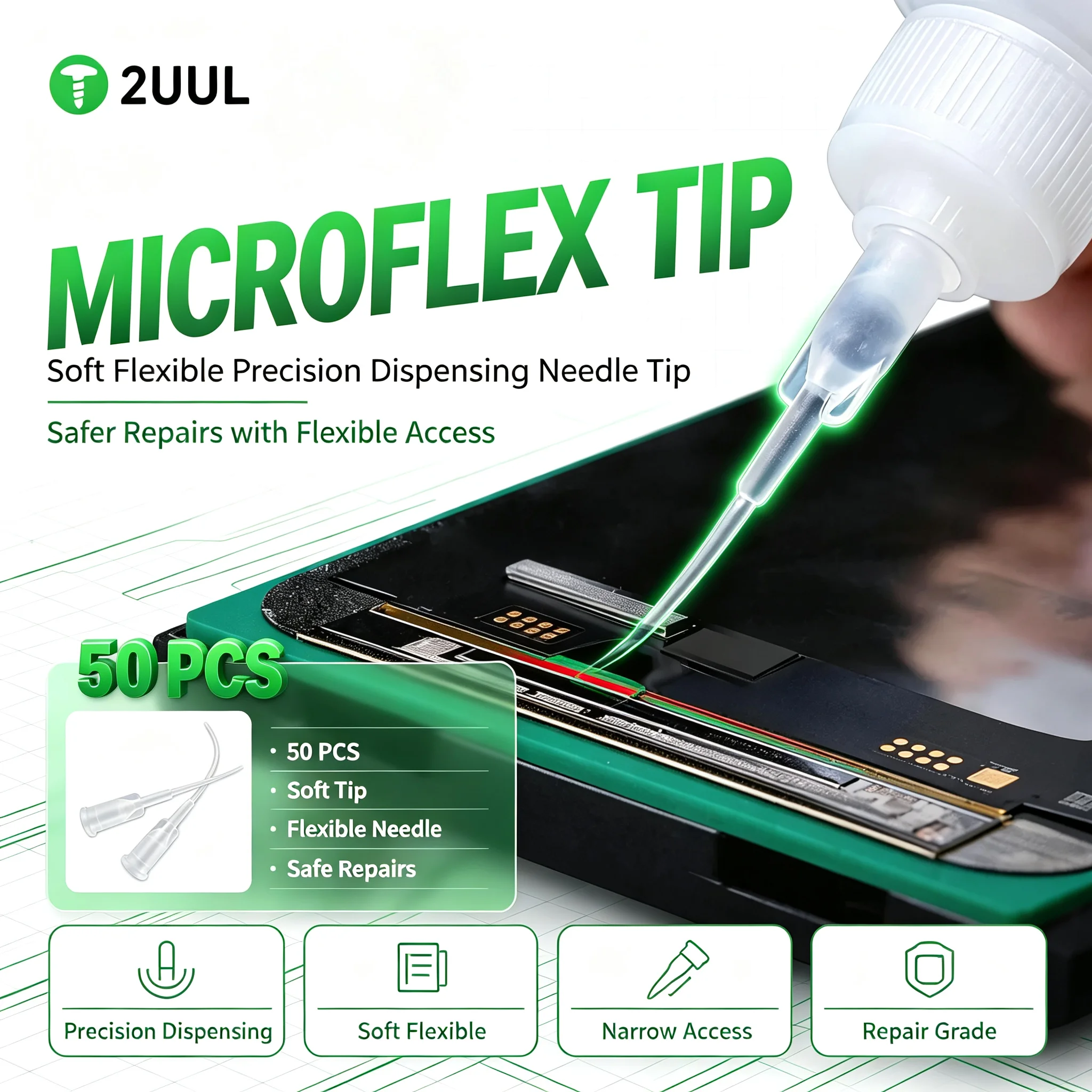 2UUL MicroFlex Tip 50PCS Soft Flexible Precision Dispensing Needle Tips Anti-Scratch for Phone Repair Liquid Glue