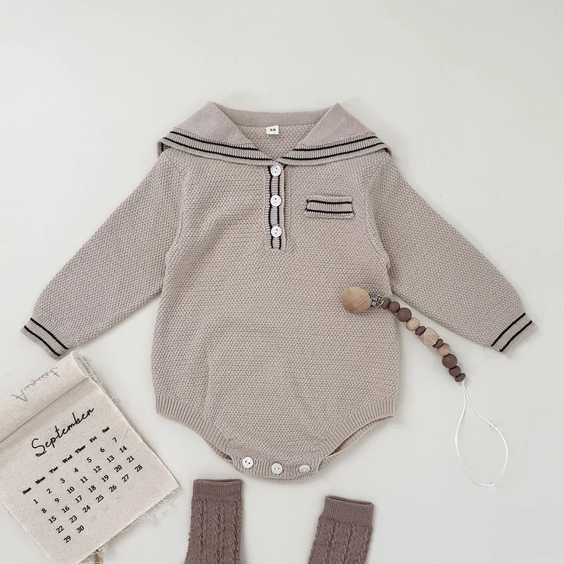 جديد ربيع 2026 بدلة قفز محبوكة للأطفال الأولاد والبنات بياقة بحرية وأكمام طويلة ملابس أطفال حديثي الولادة 0-24 متر ملابس أطفال #4