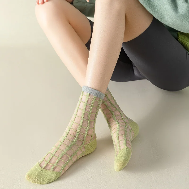 Plaid Crystal Silk Socks Women Casual Fashion Summer Elastic Long Socks Korean Style Harajuku Ultra-thin Transparent Women Socks