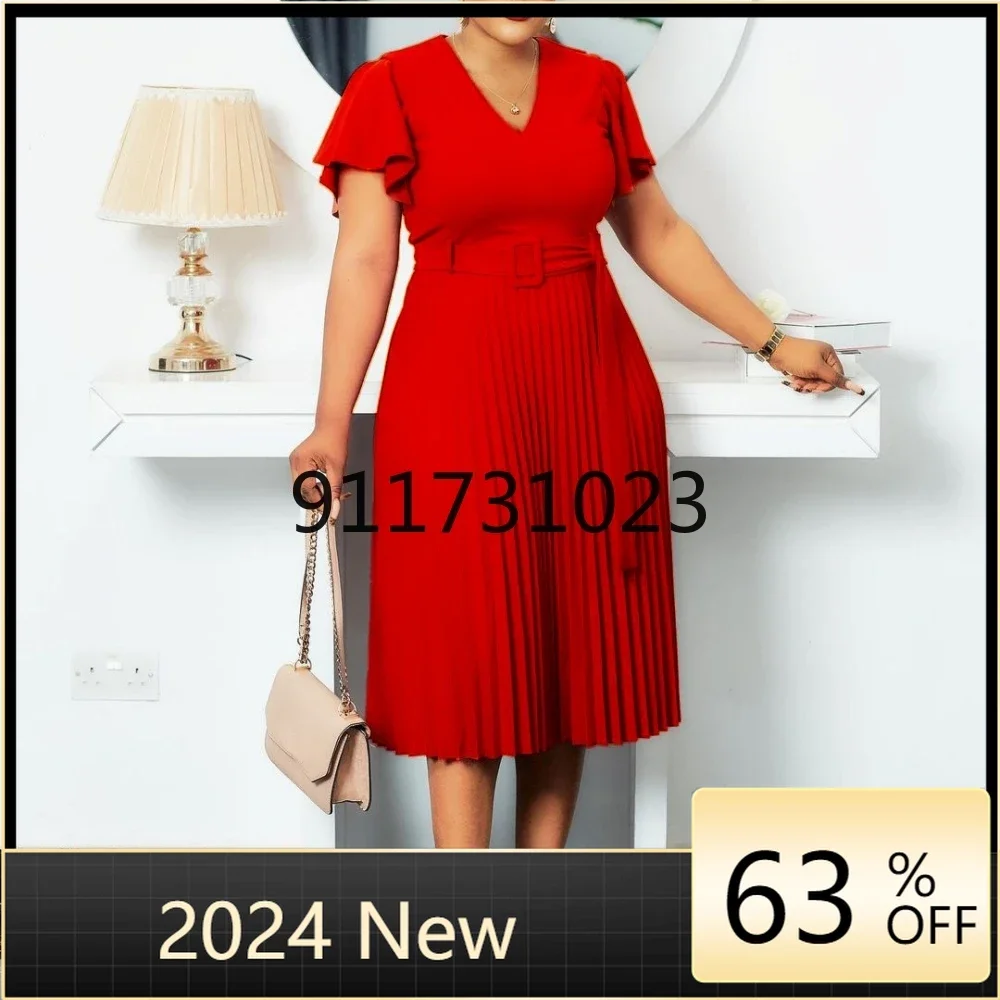 

Plus Size Casual Elegant Fashionable New Solid Color Party Evening Dress V-Neck Ruffle Sleeve Short Sleeved Pleated Dress