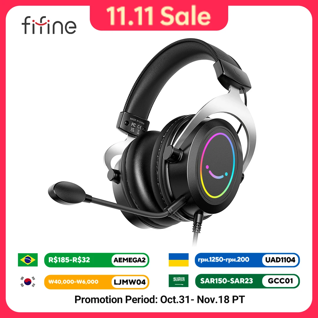 FIFINE Gaming Headpset with Dynamic RGB/MIC/In-line control,Ultra-Soft Memory Foam Ear Pads,for PC PS4 PS5 Xbox Laptops -H3