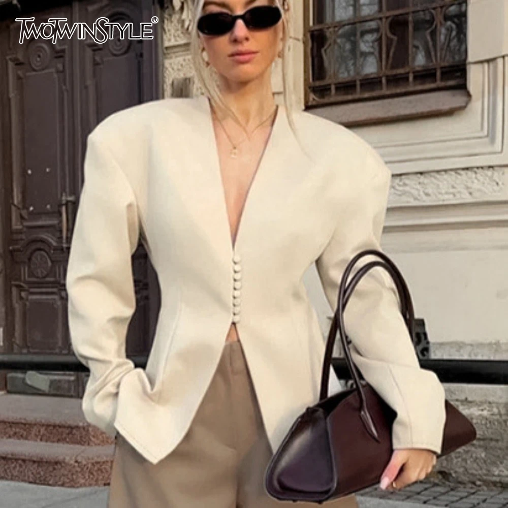 

TWOTWINSTYLE однотонная туника Baiscs, разделенная куртка для женщин, v-образный вырез, длинный рукав, лоскутное пальто на пуговицах, минималистичное тонкое пальто, женская одежда