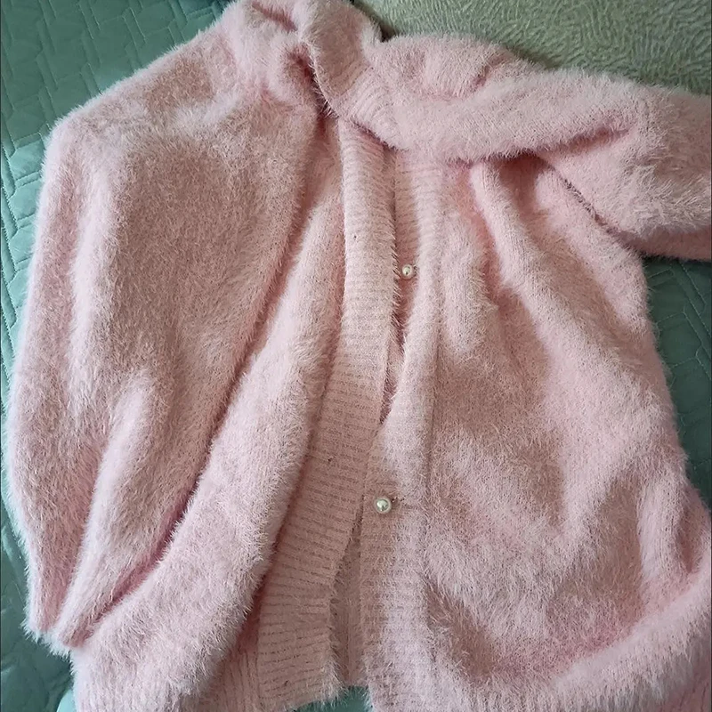 Outono Inverno Single-breasted Imitação Mink Veludo Malhas Cardigan Elegante Pérola Botões Mulheres Vestuário Camisola Coreana Casacos