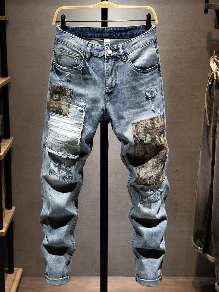 

High Street Style Men's Denim Jeans Patched Repair Straight Leg Elastic Slim Fit Casual Trousers Youth Fashion Autumn Wear