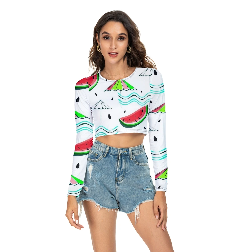 

Women New Fashion Hawaii Watermelon Printing Long-sleeved O-neck T-Shirt Spring Sexy Cropped Navel Long Sleeve T-Shirt Summer