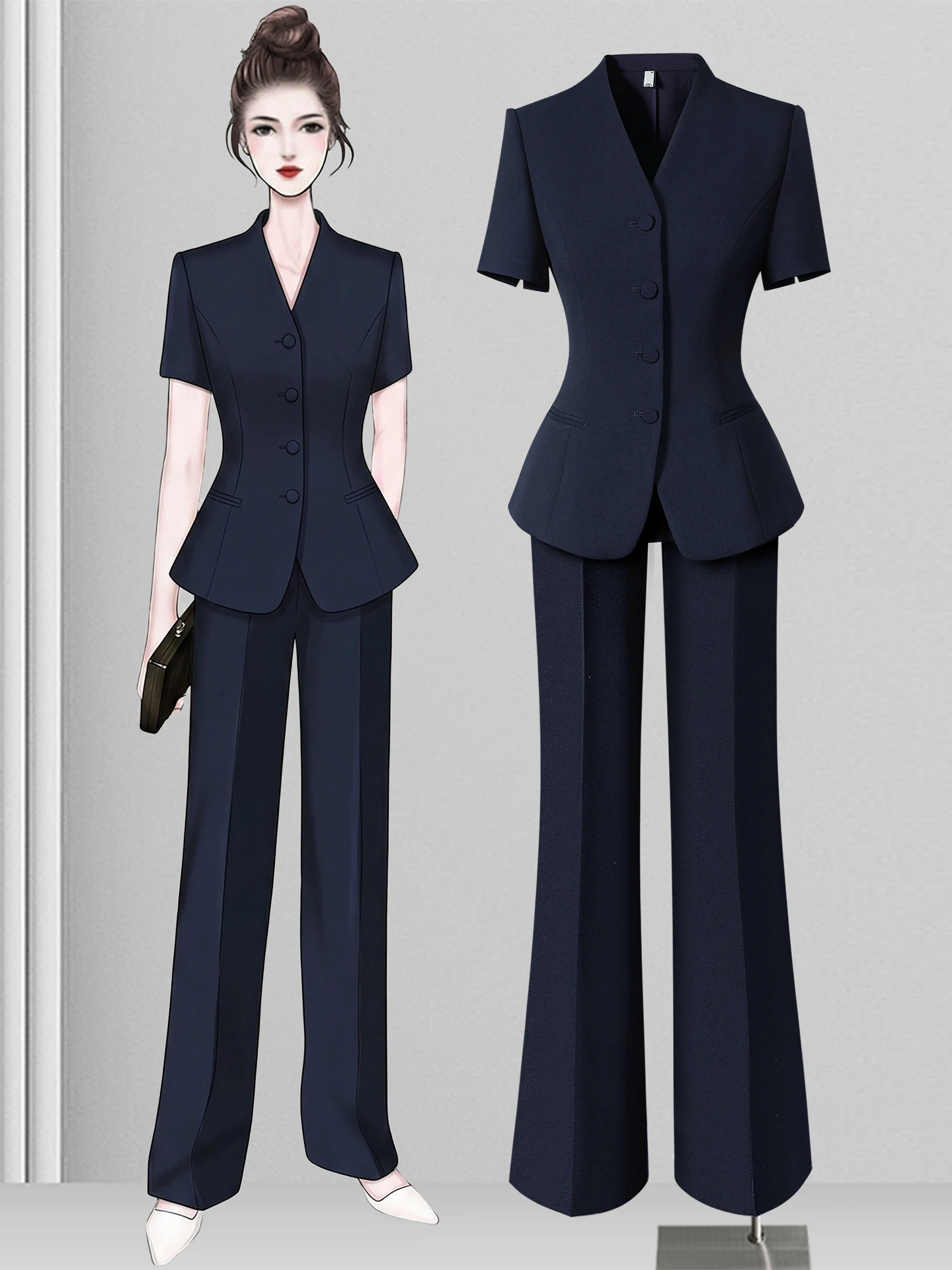 Summer Thin Short Sleeve Professional Women's Suit Set for Hotel Front Desk Work Uniform High End Real Estate Jewelry Store