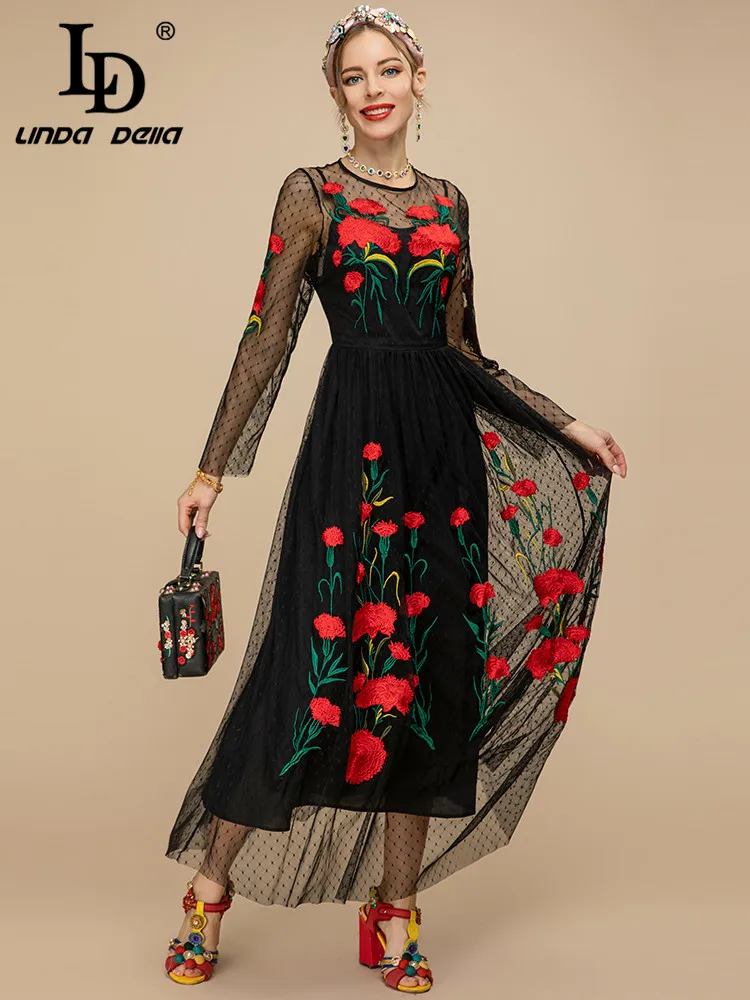 Imagem -05 - Linda Della-vestido Midi para Mulheres Vestido Midi de Manga Comprida com Bordados de Flores Malha Preta Vestido de Festa Vintage Verão 2023 ld