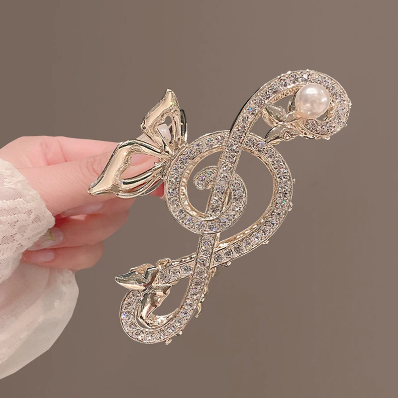 New Women Elegant Music Note Shape Hair Claw Luxury Rhinestone Decor Ponytail Hair Claw Clips Girls Headwear Fashion Accessories