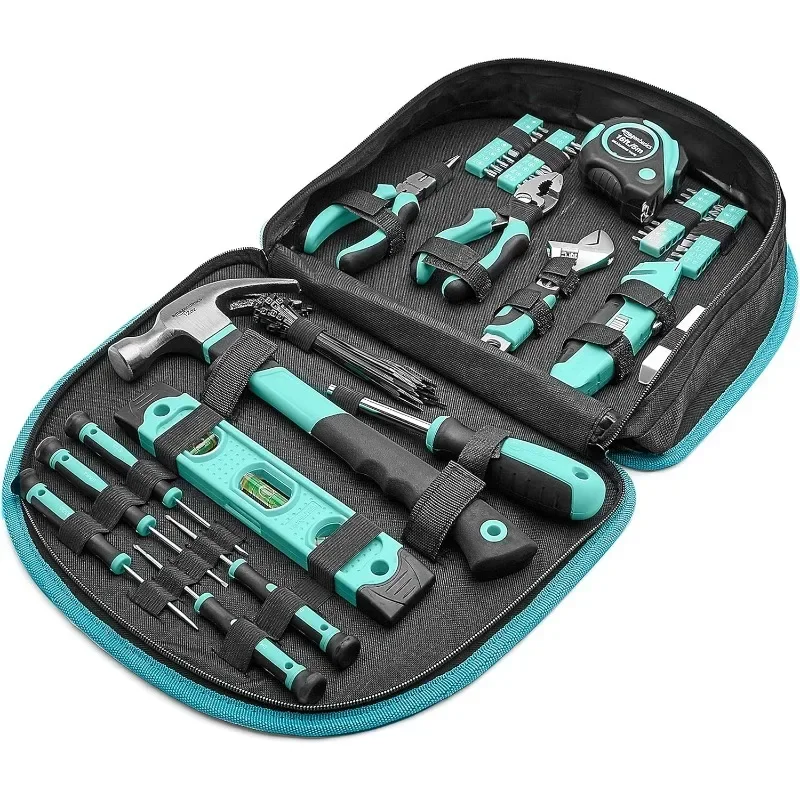 

Tool Set With Easy Carrying Round Pouch, Easy-Grip, Non-Slip Tool Handles,104-Piece, Turquoise, 14.4 x 11.4 x 3 inches