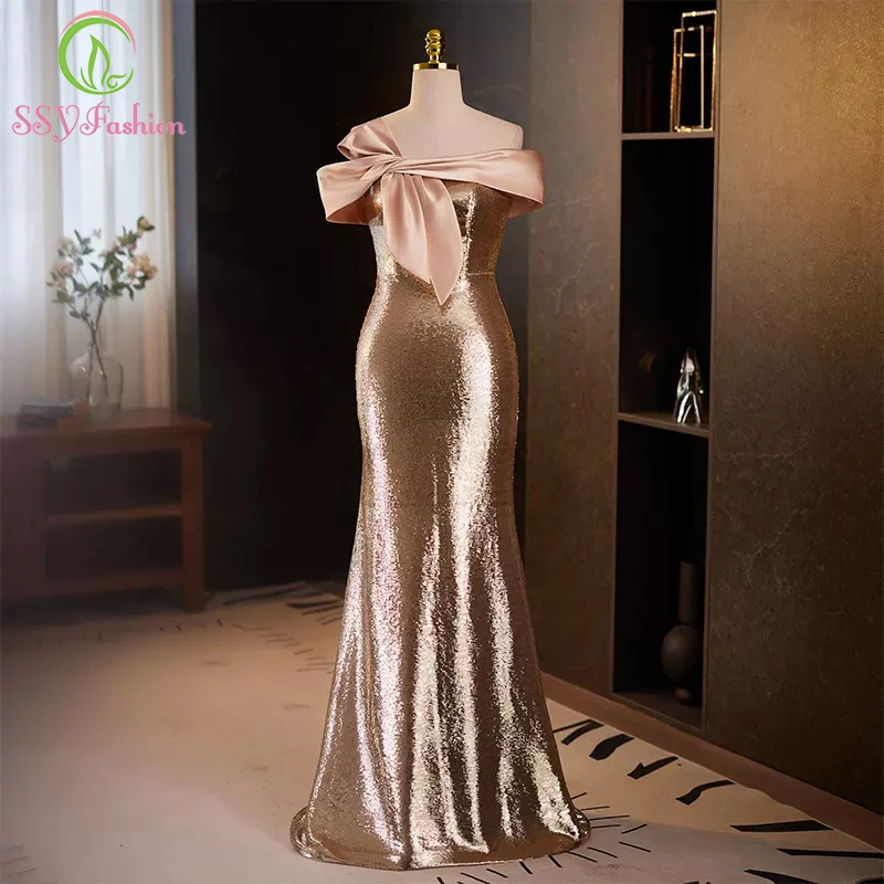 

SSYFashion Champagne Mermaid Evening Dress Sexy Slim Sequins Sparkling Fishtail Party Formal Gowns for Women Vestido De Festa