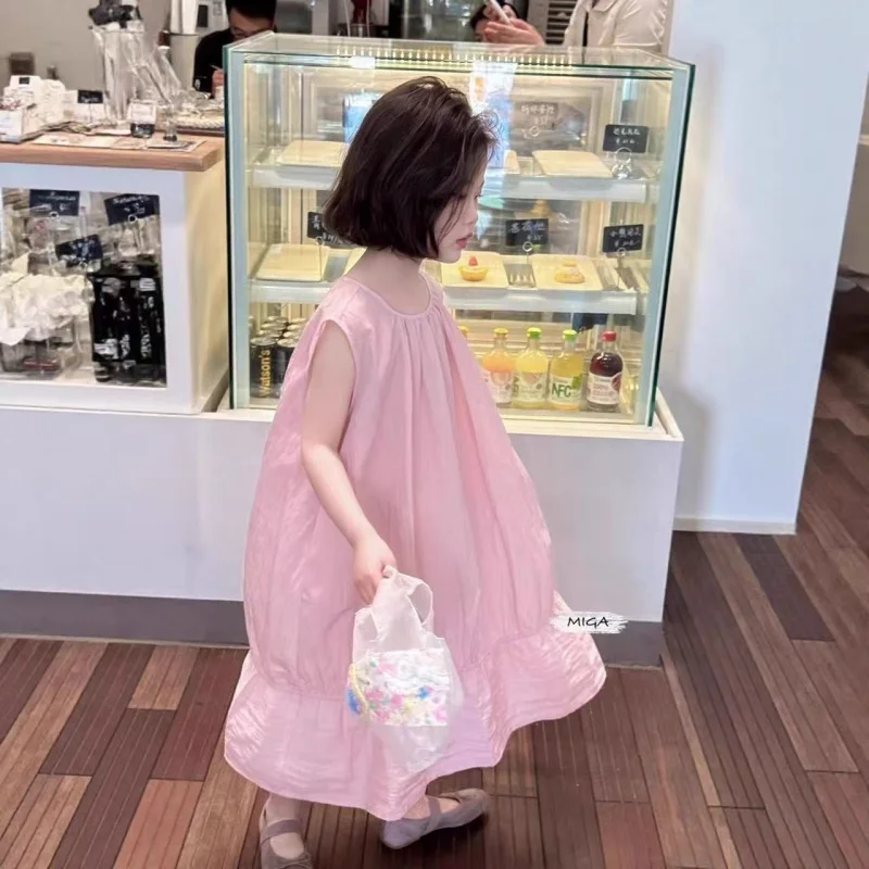 

Fashion Children Girl Sweet Cute Vest Loose Dress Summer Cotton Pink Sleeveless Casual Dress Beach Party Dress for Kids
