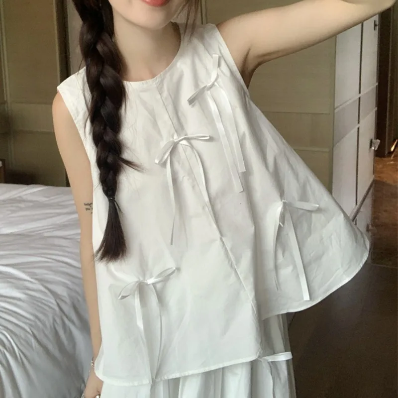 女性のための弓付きの白いドレスのセット,ノースリーブのトップ,ルーズ,シック,韓国スタイル,ハイウエスト,学生服,夏