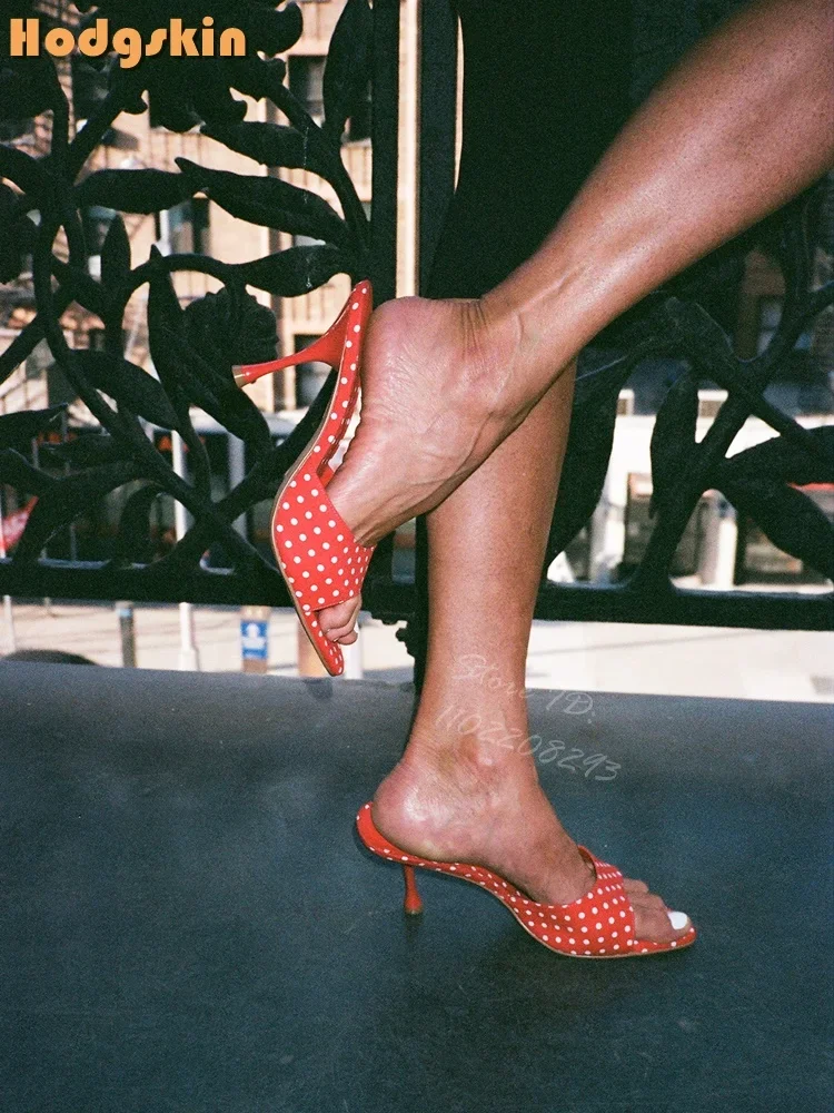 

Sexy Polka Dots Slippers Round Toe Shallow Thin High Heels Pull-up Solid Stiletto Mules 2025 Summer Women Casual Fashion Shoes