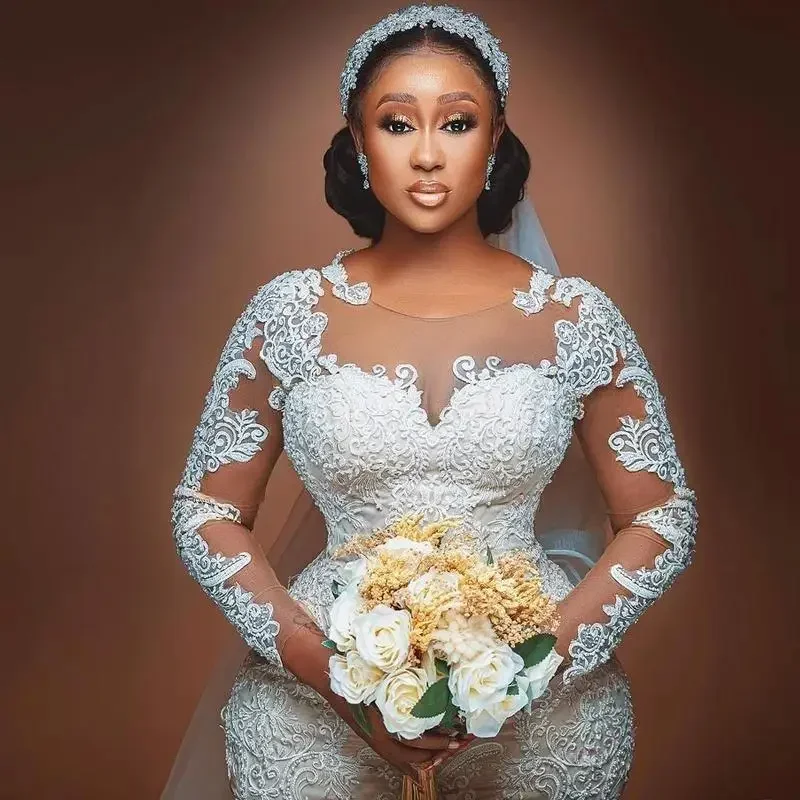Aangepaste Plus Size Zeemeermin Kant Trouwjurken Voor Afrikaanse Vrouwen Sweep Trein Lange Mouwen Bruidsjurk Vestidos De Novia