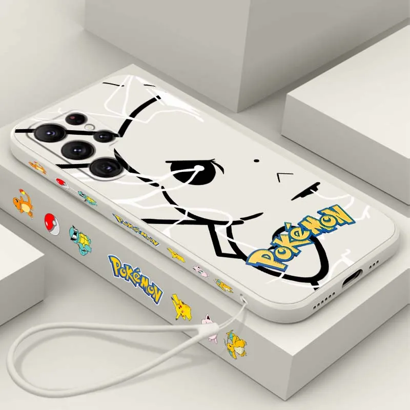 P-Pokemons P-Pikachus Cartoon Phone Case For Samsung Galaxy S26 S25 S24 S23 S22 S21 S20 Pro Edge Ultra Plus FE Liquid Left Rope
