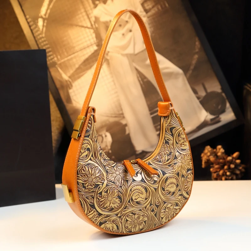 

Hand-carved Leather Women Handbags Shoulder Underarm Bag Female High-grade Minority Crescent Bag 2024 New Mode Moml Hobo Bags