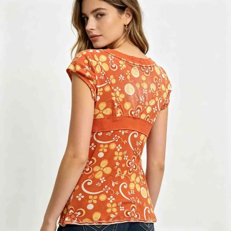 Women Orange Floral Print V-Neck Top, Cap Sleeve Empire Waist Vintage Style Blouse 2026