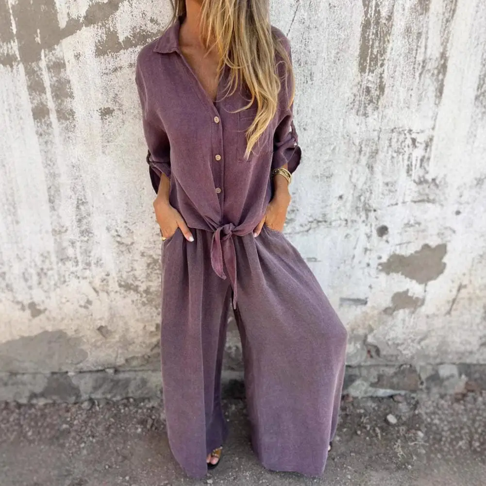 2026 Women's Cotton-Linen Blend Outfit Two Piece set Long Sleeve Lapel Button Down shirt Matching Wide Leg Pants Loungewear 80%
