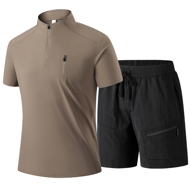 

Men Jogger Summer Outdoor Sports Leisure Fitness 2-piece Short-sleeved Round Neck T-shirt + Quick-drying Shorts Breathable Suit