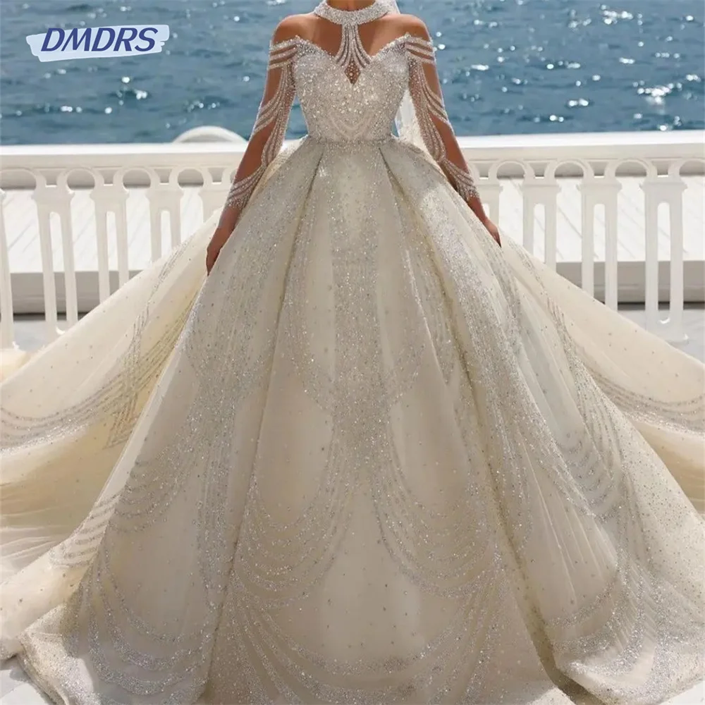 Charming Beaded Wedding Dress 2024 Elegant Off Shoulder Ball Gown Luxurious Long Sleeve Wedding Gown Dreamy Robe De Mariee