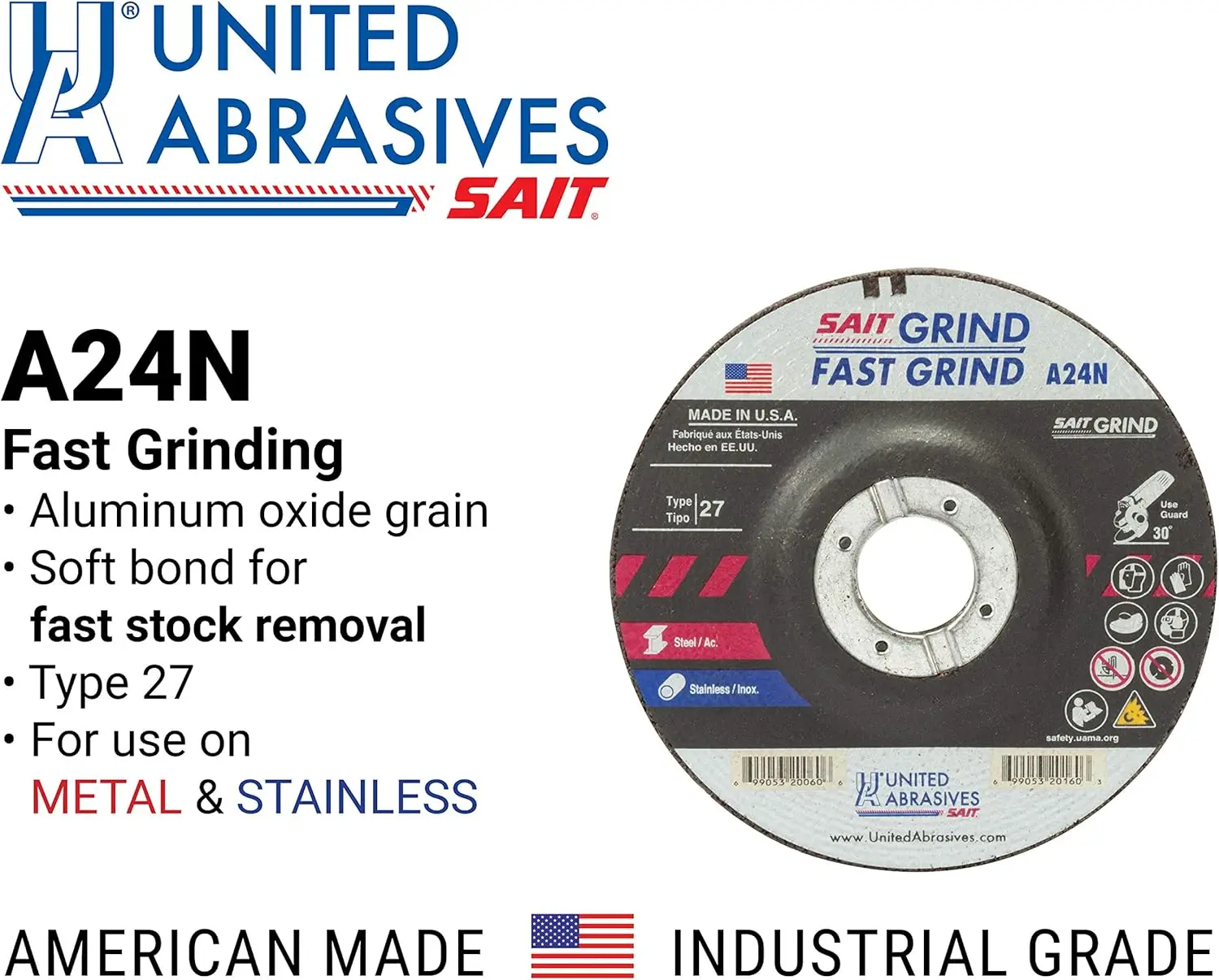 Abrasives-SAIT 20078 A24N ล้อเจียรเร็ว 6" x 1/4" x 7/8" Type 27, 25-Pack