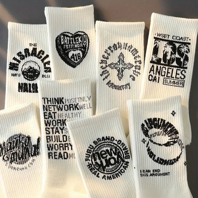 8 pairs of trend cartoon letters autumn and winter stockings casual men\'s socks sweat-absorbent breathable student high-top