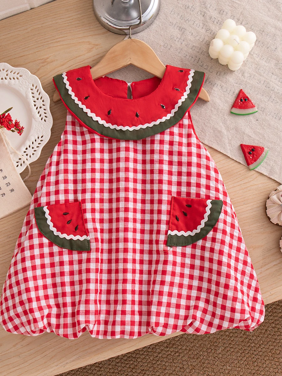

Adorable Girl's Cartoon Watermelon Dress Summer 2026 Plaid Print Turn-down Collar Princess Skirt Soft Medium Thickness Casual...
