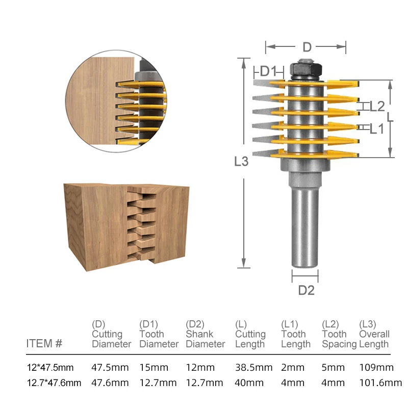 XCAN 1pc 12mm Shank Wood Router Bit 2 Teeth Adjustable Finger Joint Router Bit Tenon Cutter for Woodworking Tool