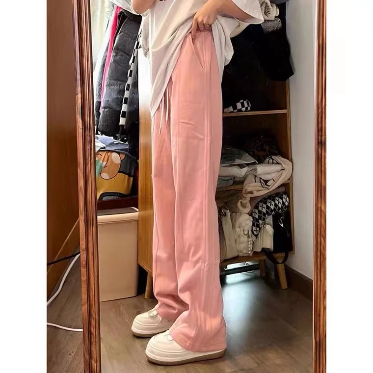 

Женские летние тонкие брюки с высокой талией и широкими штанинами, прямые, приталенные, розовые, в пол, для невысоких, премиум-класса