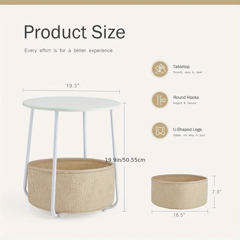 

Modern Small Round Side End Table with Fabric Basket: Versatile Bedside Table for Living Room and Bedroom