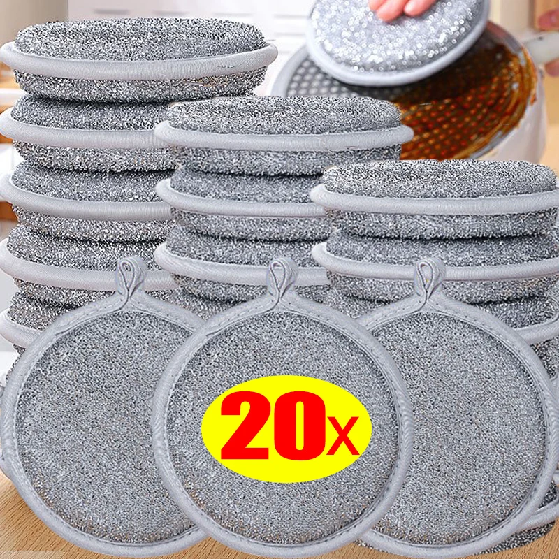 1/20PCS Silver Wire Cleaning Sponge Wipe Round Double-side Dishwashing Sponges Scouring Pads Household Kitchen Cleaning Tools