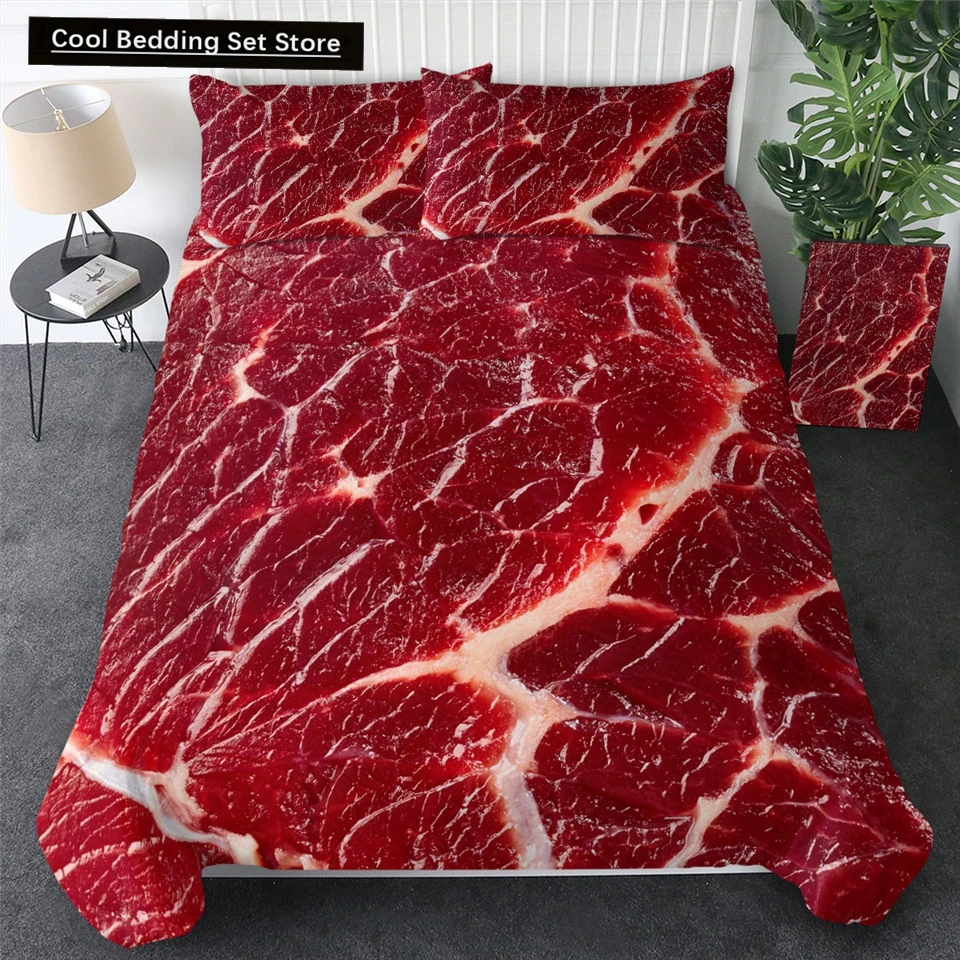 

Food Beef Bedding Set 3D Fresh Meat Duvet Cover King/Queen Size Delicious Seafood Sashimi Drumstick Steak Realistic Quilt Cover