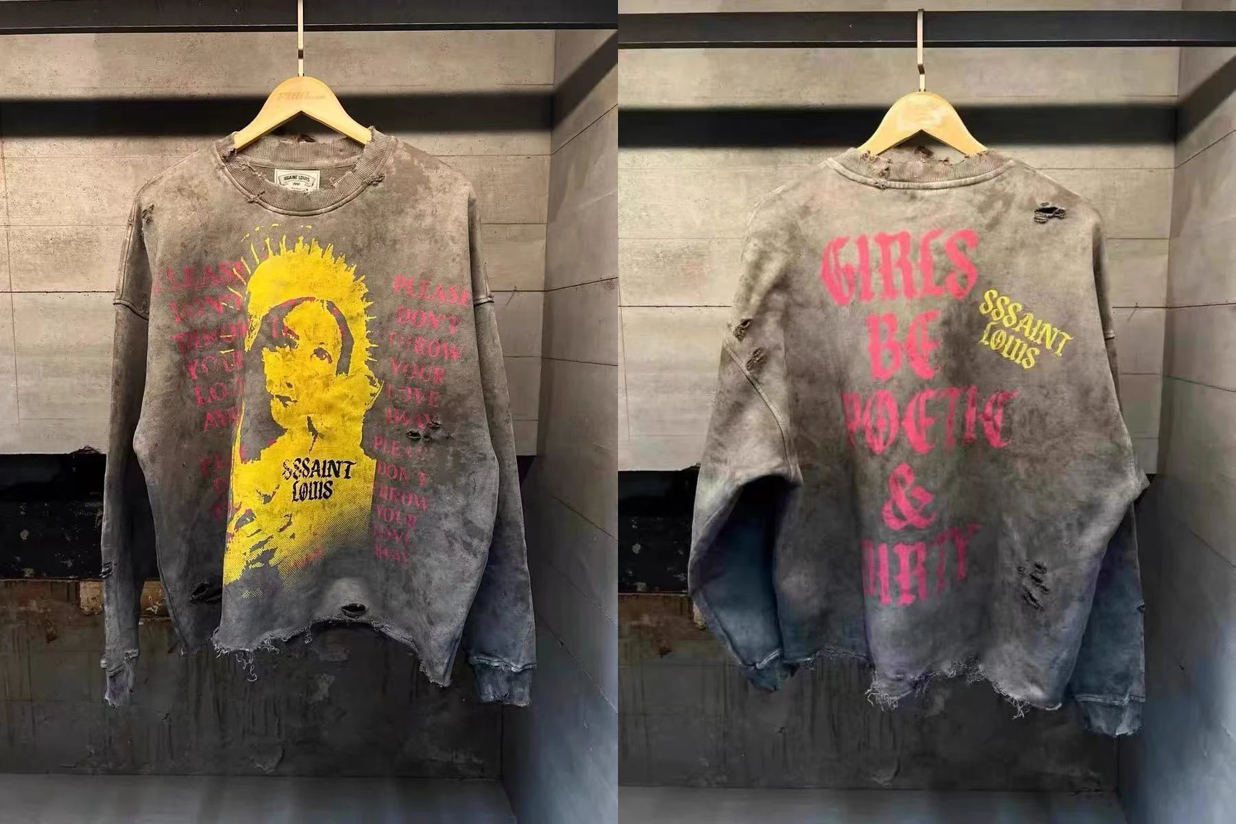 Good Quality 25ss Washed Distress SAINT Long Sleeve T-Shirt Print  Fashion Men Women Cotton Vintage Wear Holes Style