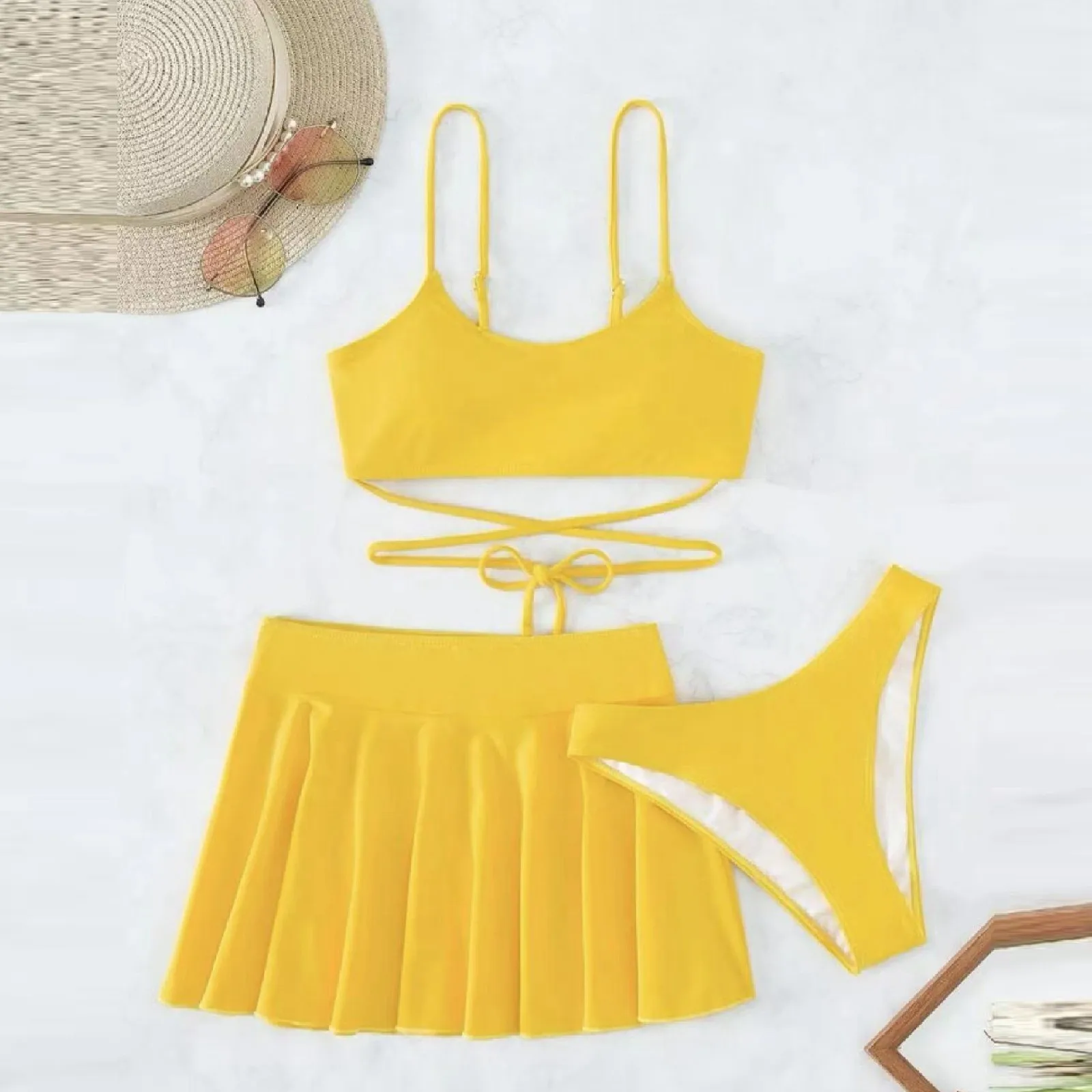 

2024 Summer New 3 Pieces Set Swimsuit Women Thong Swimwear Sexy Bikini Set With Pleated Skirt Lace Up Beachwear Bathing Suit